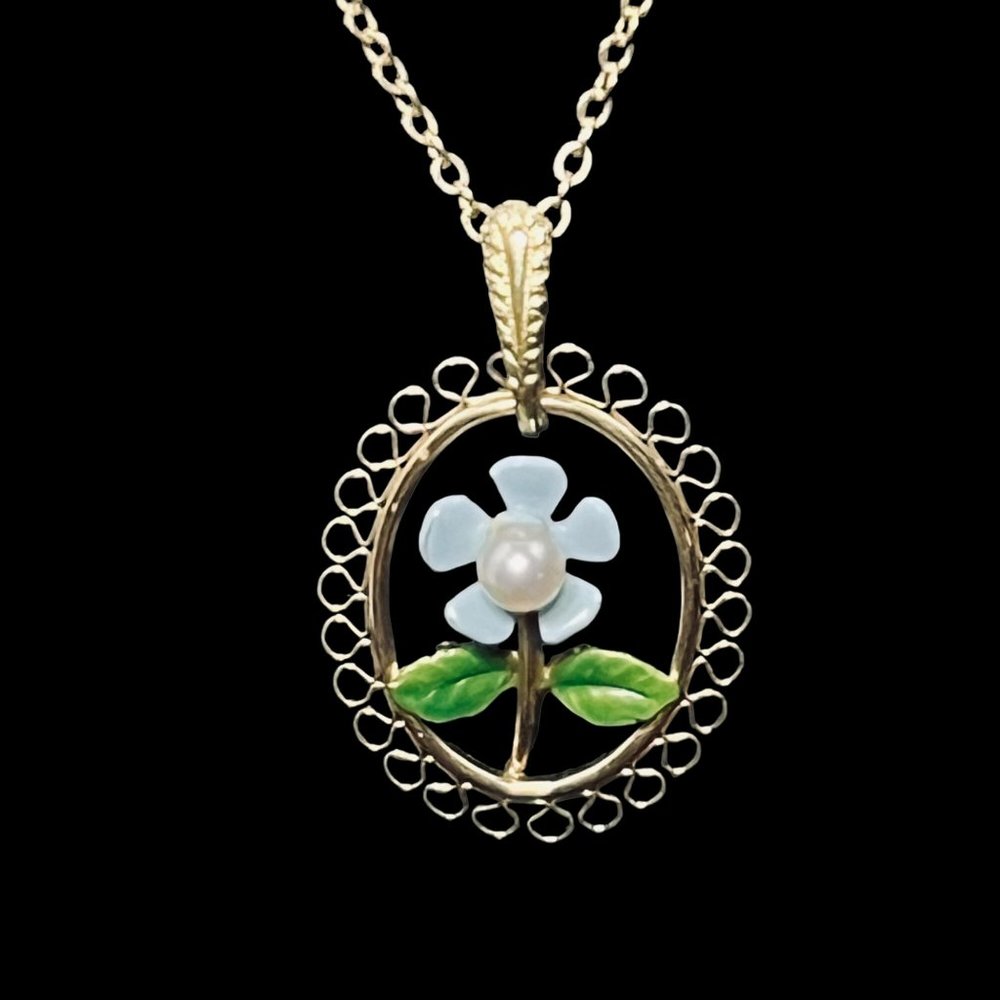 Kremnetz Gold Tone Necklace With Faux Pearl And Enamel Flower Pendant (4715) - Picture 2 of 5